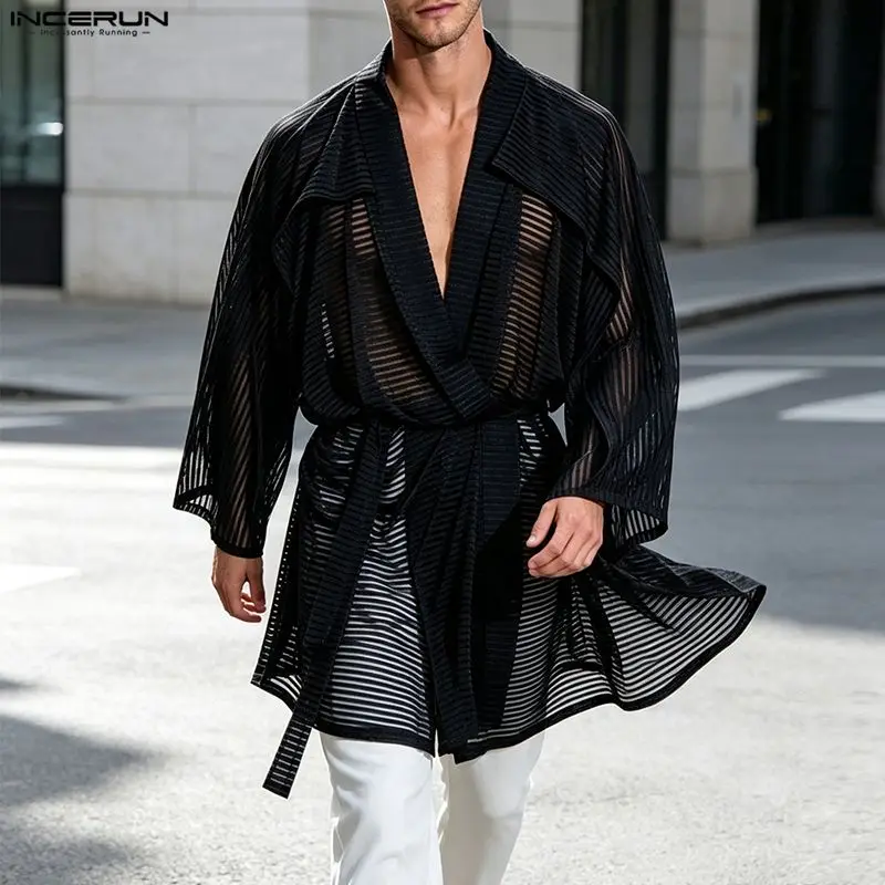 INCERUN Men Long Style Shirt Mesh See Through V Neck Long Sleeve Cardigan For Man Open Stitch Striped Lace Up Loose Men Clothes