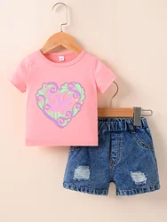 New Boys and Girls Short sleeved Pink T-shirt Round Neck Pullover+Denim shorts set