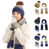 2024 Winter Men Women 3pcs Set Thick Plush Ball Beanie Hat Knitted Gloves Color Block Wool Neck Scarf Cap Gloves Set Outdoor