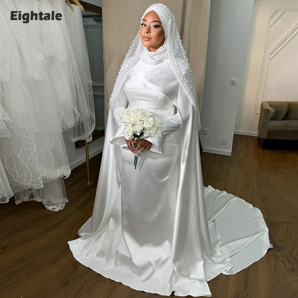 

Eightale Arabic Wedding Dress O-Neck Customized Ivory Satin Muslim Long Sleeves Bridal Gown Mermaid Bride Party Dress