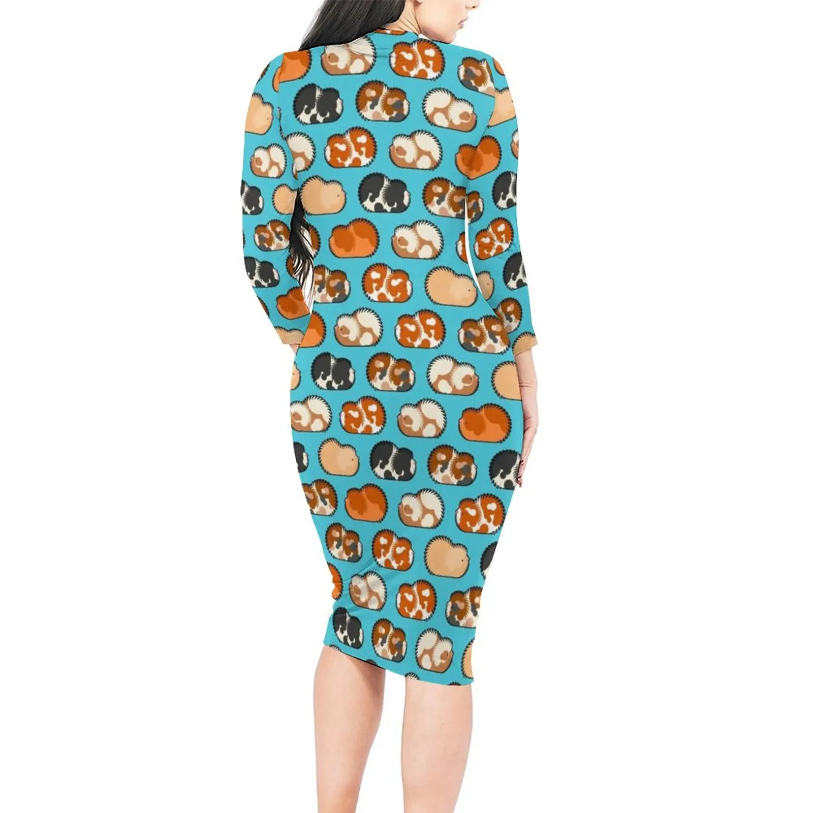 Guinea Pig Print Bodycon Dress Ladies Cute Animal Pretty Dresses Holiday Long Sleeve Street Wear Graphic Dress Large Size 6XL