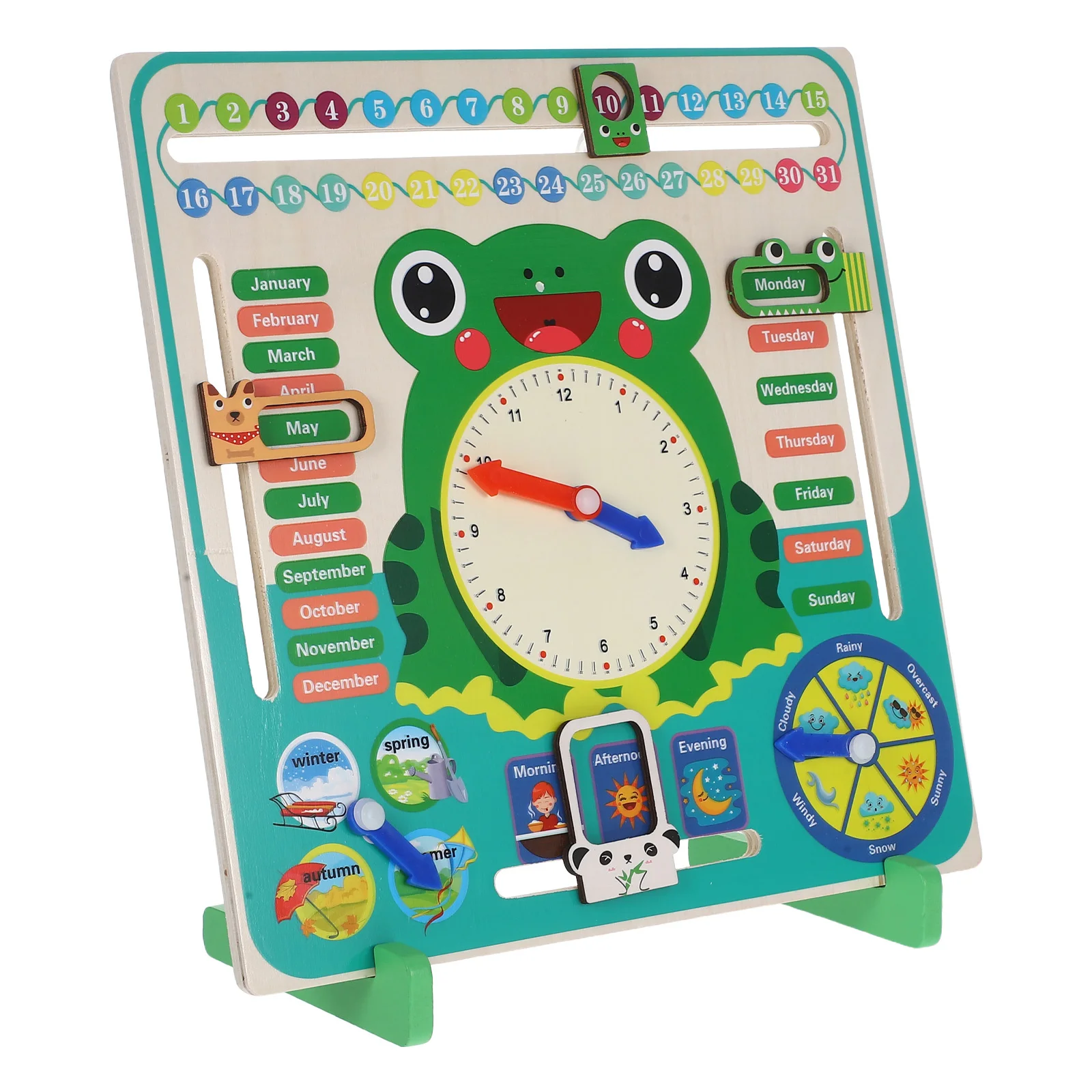木製カエル時計とカレンダーボード 子供向け時間学習教育ツール インタラクティブな子供向け教材 モンテッソーリ