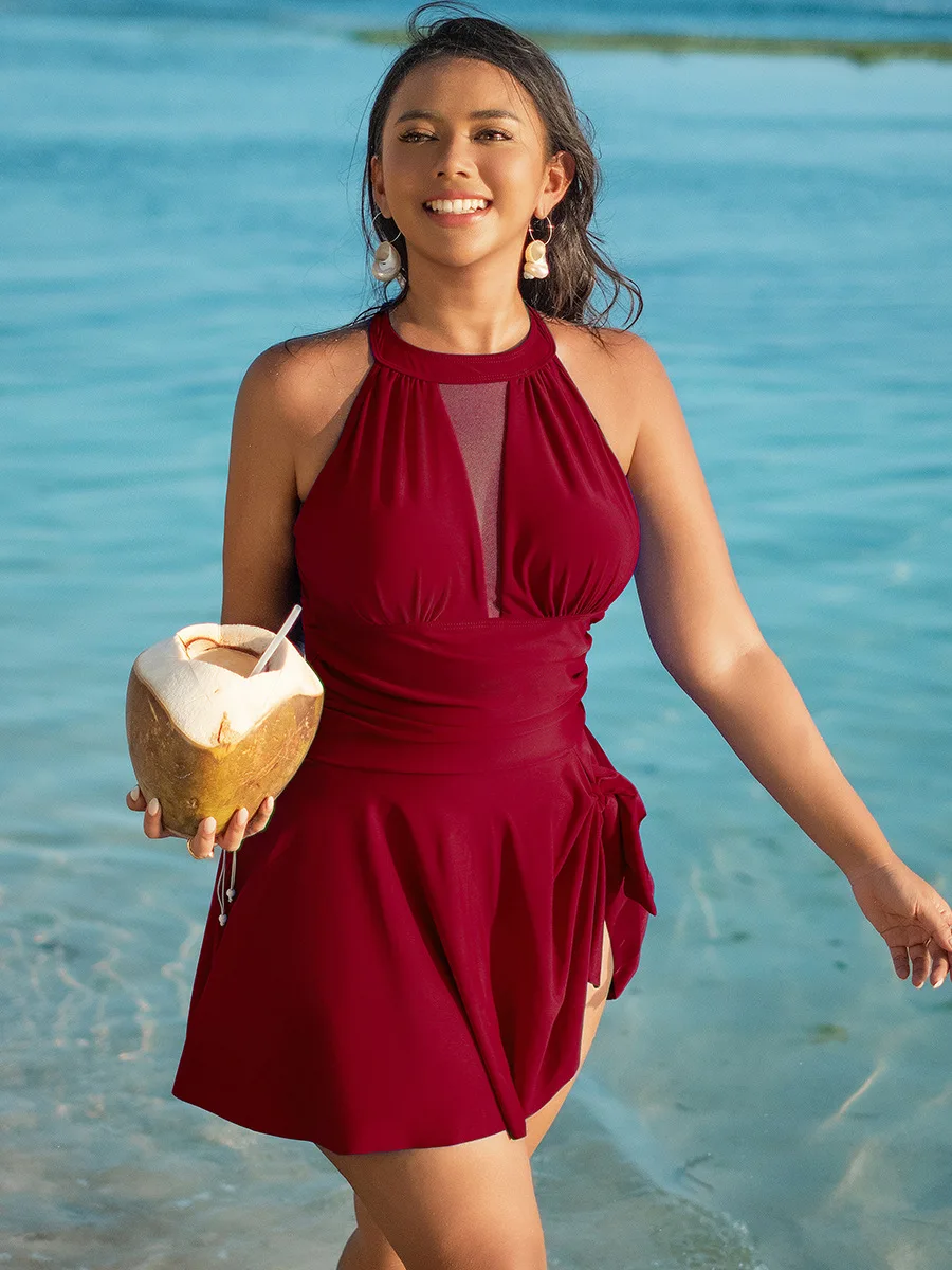 2025 Sexy Large One-piece Bikini Women's Dress Solid Swimsuit Tight Push Up Female Dress Swimwear Mesh Beach Skirt Bathing Suit