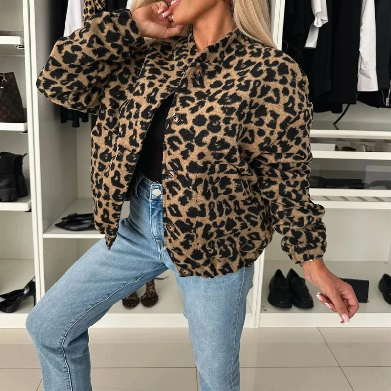 

2025 New Fashion Autumn/Winter Casual Long Sleeve Stand Collar Single Breasted Leopard Loose Fit Jacket For Women