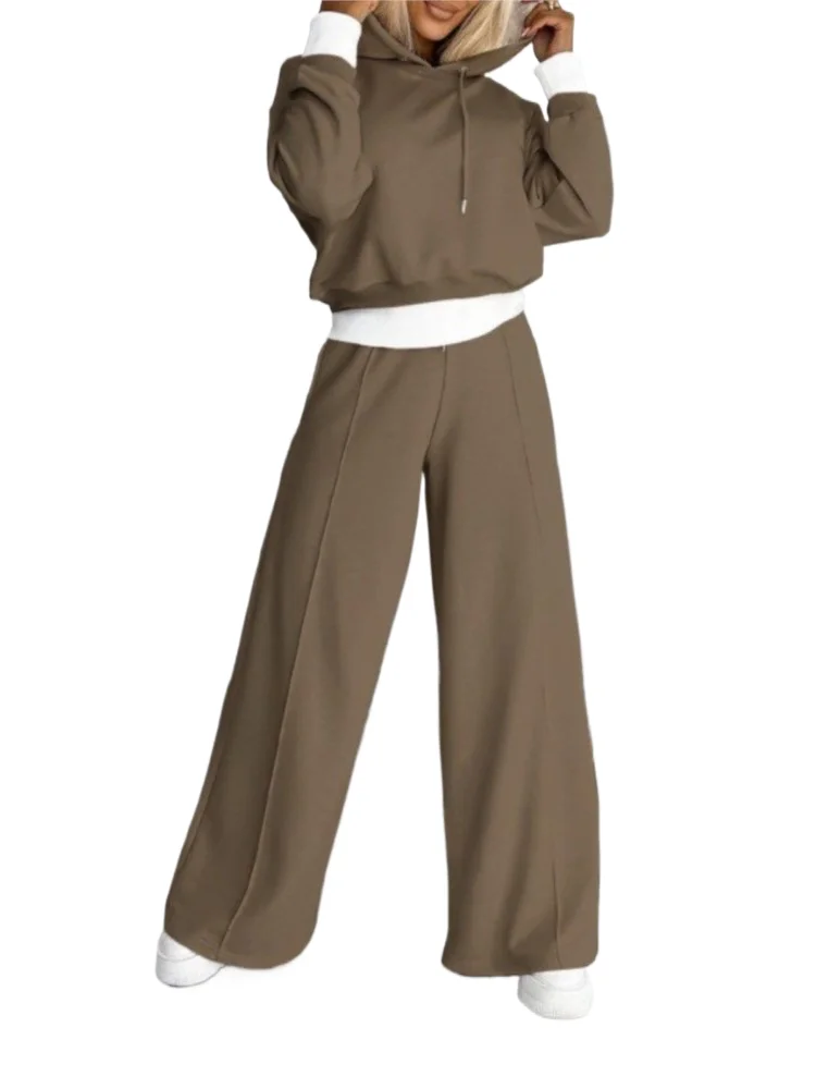 

2025 Autumn New Women Clothing Solid Color Fashion Two-Piece Casual Cap Sweatshirt Wide Leg Pants Conjunto Dos Piezas Mujer