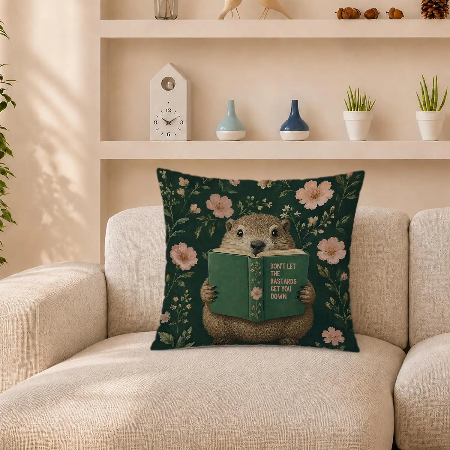 Cottagecore Badger Book Pillowcase Square Throw Cushion Cover Whimsical Literary Nature Aesthetic Print for Bedroom Decor