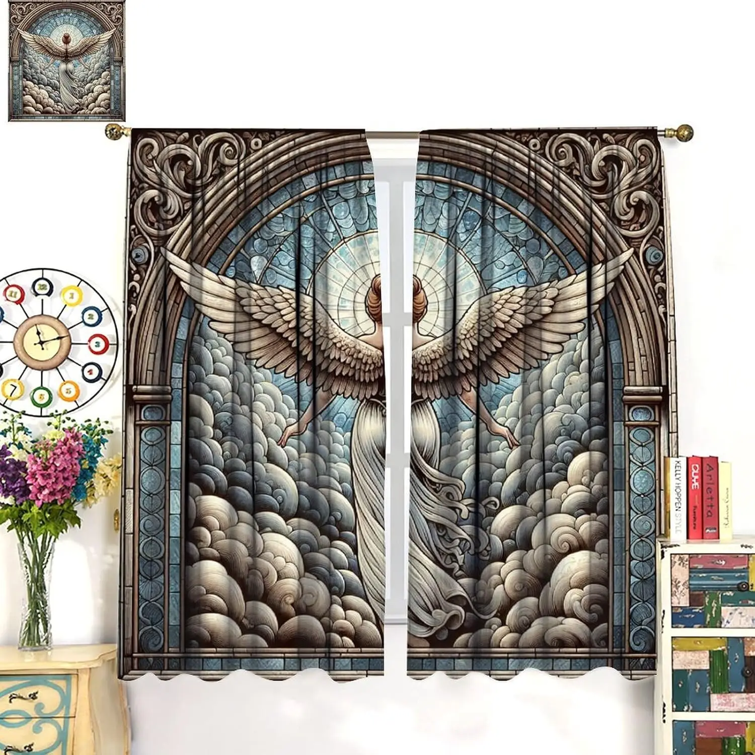 Colorful Stained Glass Curtains,Angel Wing Mythology Gorgeous Mysterious Vintage Mosaic Decor Rod Pocket Window Treatments for