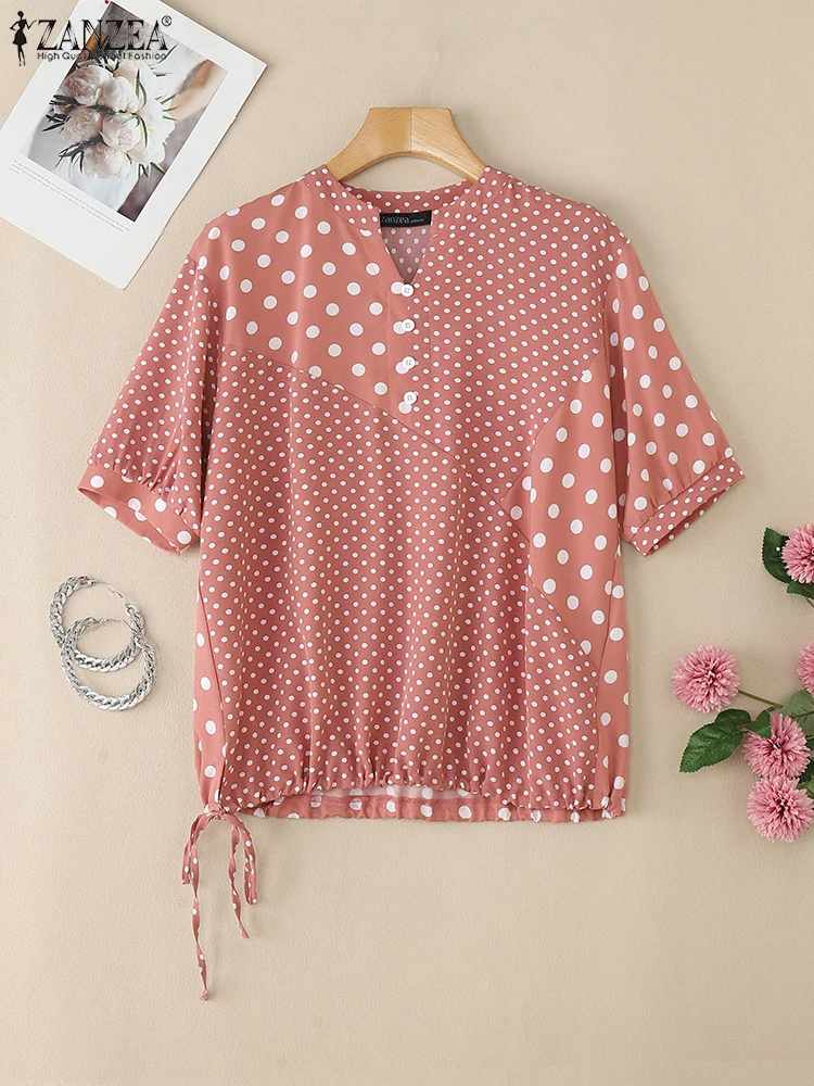 

ZANZEA Fashion Polka Dot Patchwork Blouses Women Casual V-Neck Half Sleeve Drawstring Hem Blusas Mujer Summer Streetwear Tops