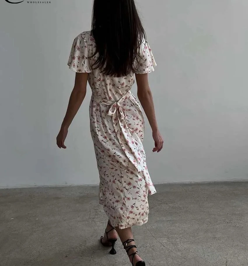 Robe élégante imprimée abricot pour femmes, mode col en v, manches courtes, à lacets, simple boutonnage, mi-mollet, nouvelle collection automne