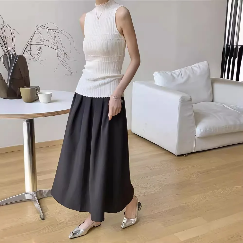 

7742 Summer 14-Needle Ice Silk Cool Loose Elastic Half High Neck Ribbed Slim Fit Sleeveless Regular Shoulder Vest For Women