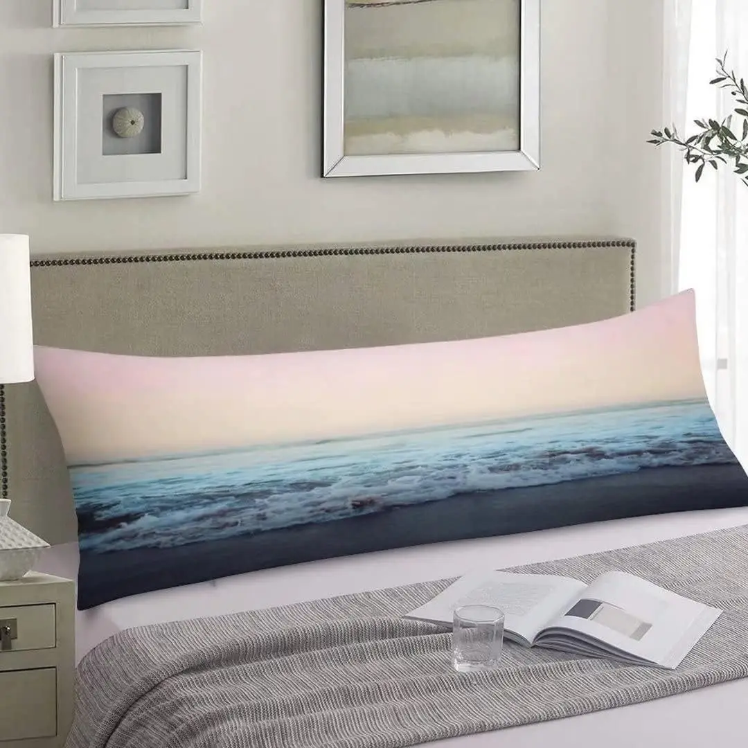 Coastal Style Ocean Wave Body Pillow Cover, Beach Seaside Pink Sky Design, Long Cushion Case Protector with Zipper, Soft Decor
