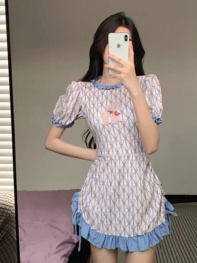 

Sweetened Yogurt One-Piece Swimsuit with Bubble Sves Thermal Spring Sle Student Girl's Dr Pattern Fixed Chest Pad