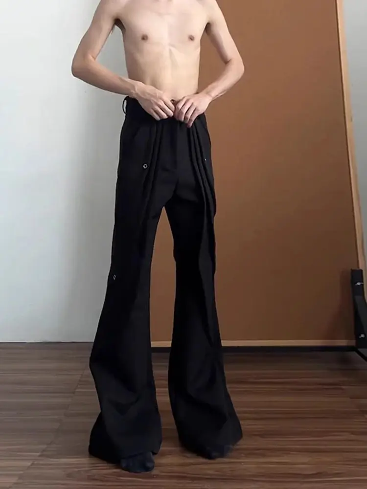 Men's Black Knife Pleat Structure Split Straight Leg Casual Pants Long Extended Length Bell Bottoms High Street Style