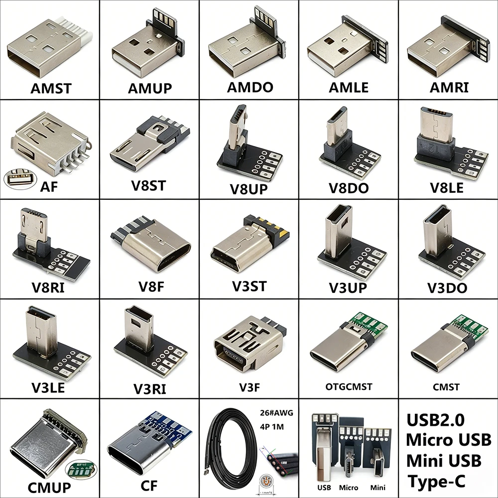 1Pcs USB 2.0 Plug Up Down Left Right DIY Custom L-shaped Elbow 90 Degrees Android Micro Type-C Mini USB Data Power Supply