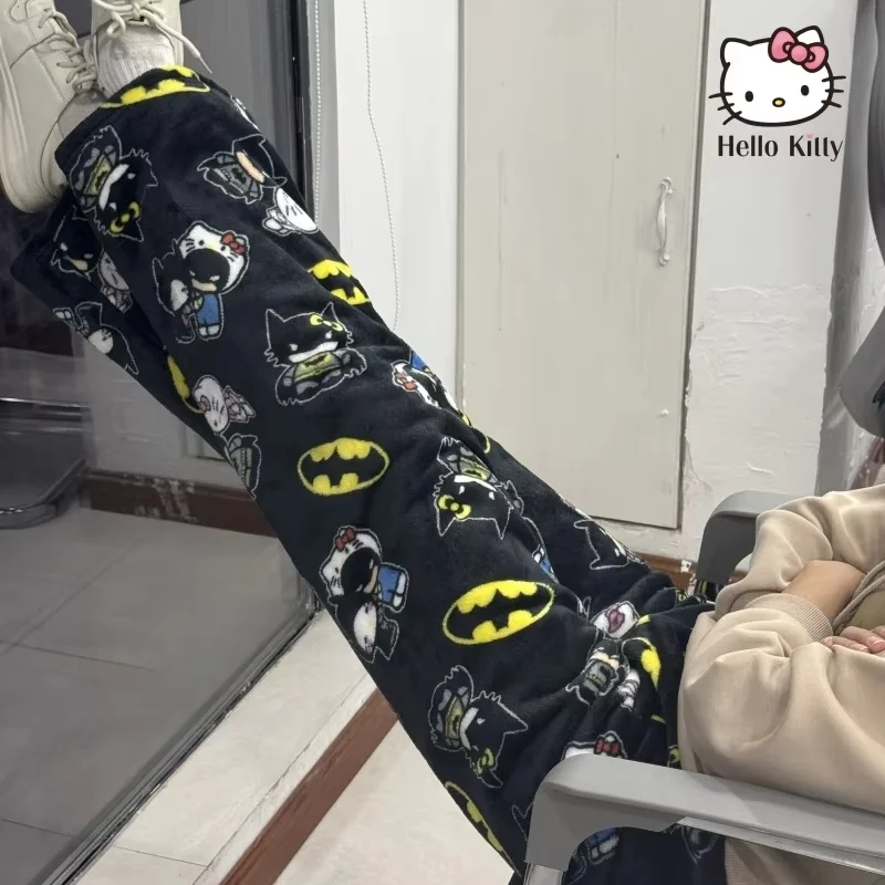 Novo sanrio hello kitty y2k estilo outono batman calças de pijama dos desenhos animados hip hop senhora quente casual flanela calças de inverno presentes de natal