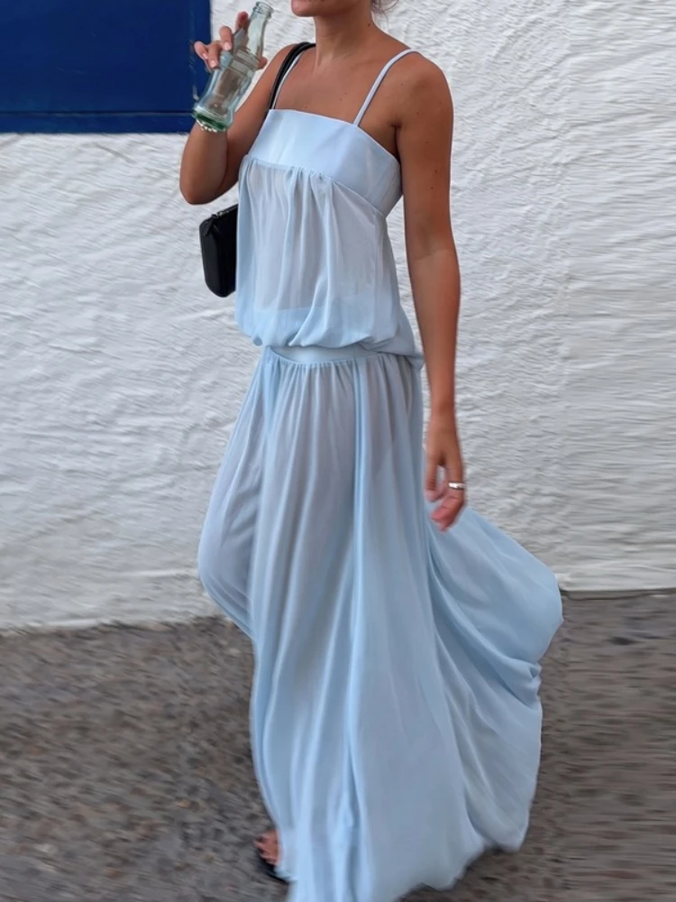 FDYOUI Women Sexy Sleeveless See-through Light Blue Long Maxi Dress Ladies Trendy Backless Buttons Tunics Evening Party Dresses