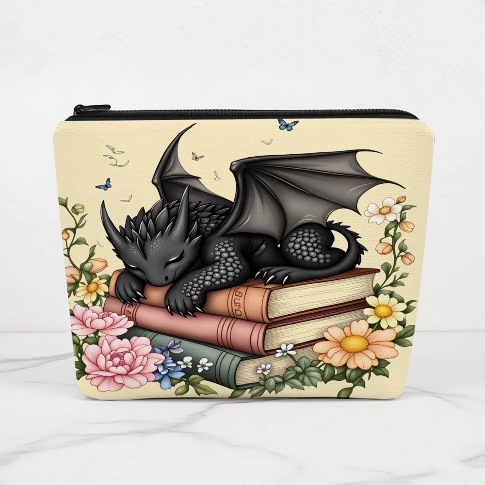 Dragon Resting On Books With Flowers Makeup Bags for Girls Cosmetic Pouch Toiletry Bag Pencil Case Travel Storage