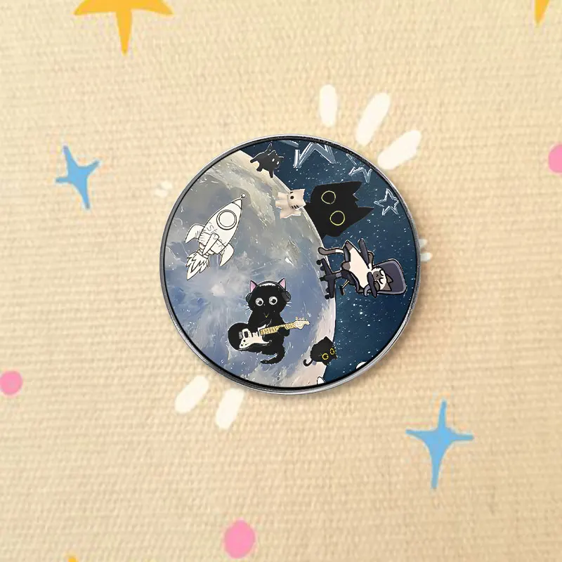 Space Rock Black Cat UV Printing Badge Guitar Playing Kitten Moon Alloy Brooch Lapel Backpack Jewelry Gift For Music Fan