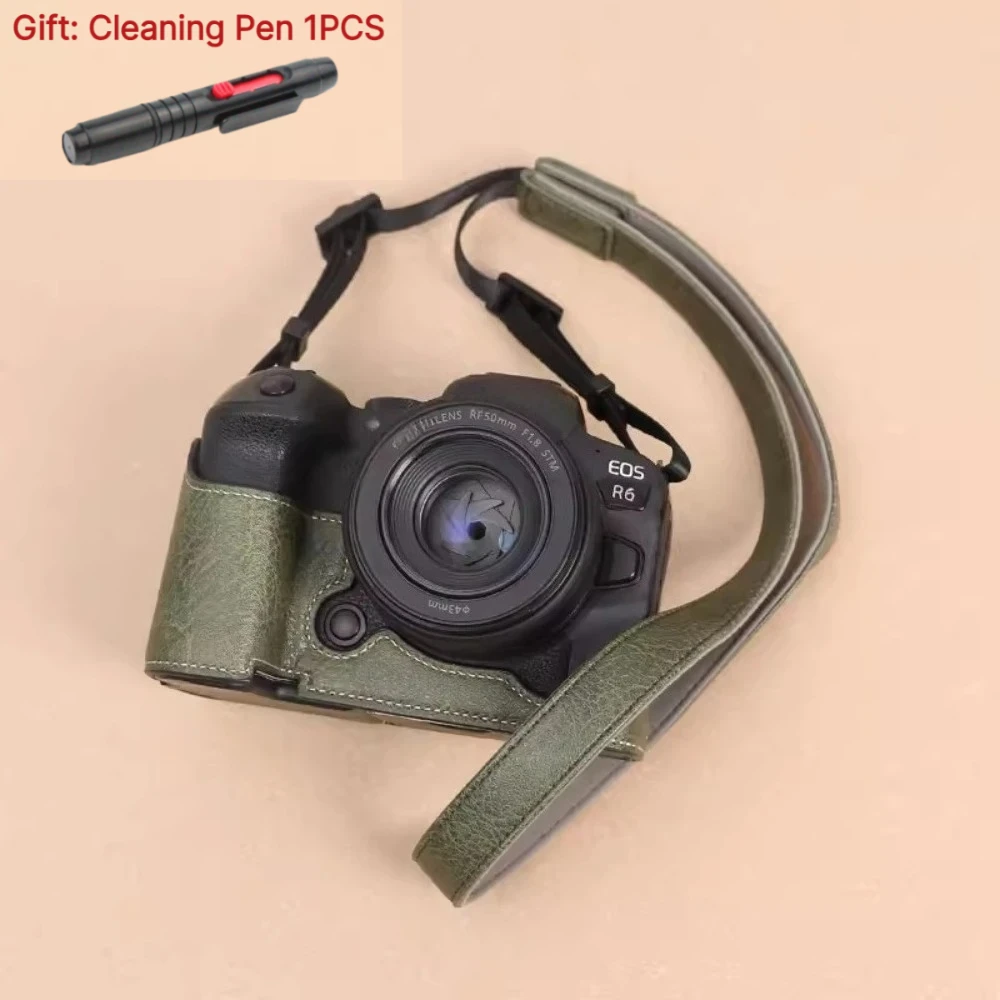 PU Leather case base, For Canon R6III R6II R6 R5II R5 Micro-single camera bag r63 half set Camera Bag +1PCS Free Cleaning Pen