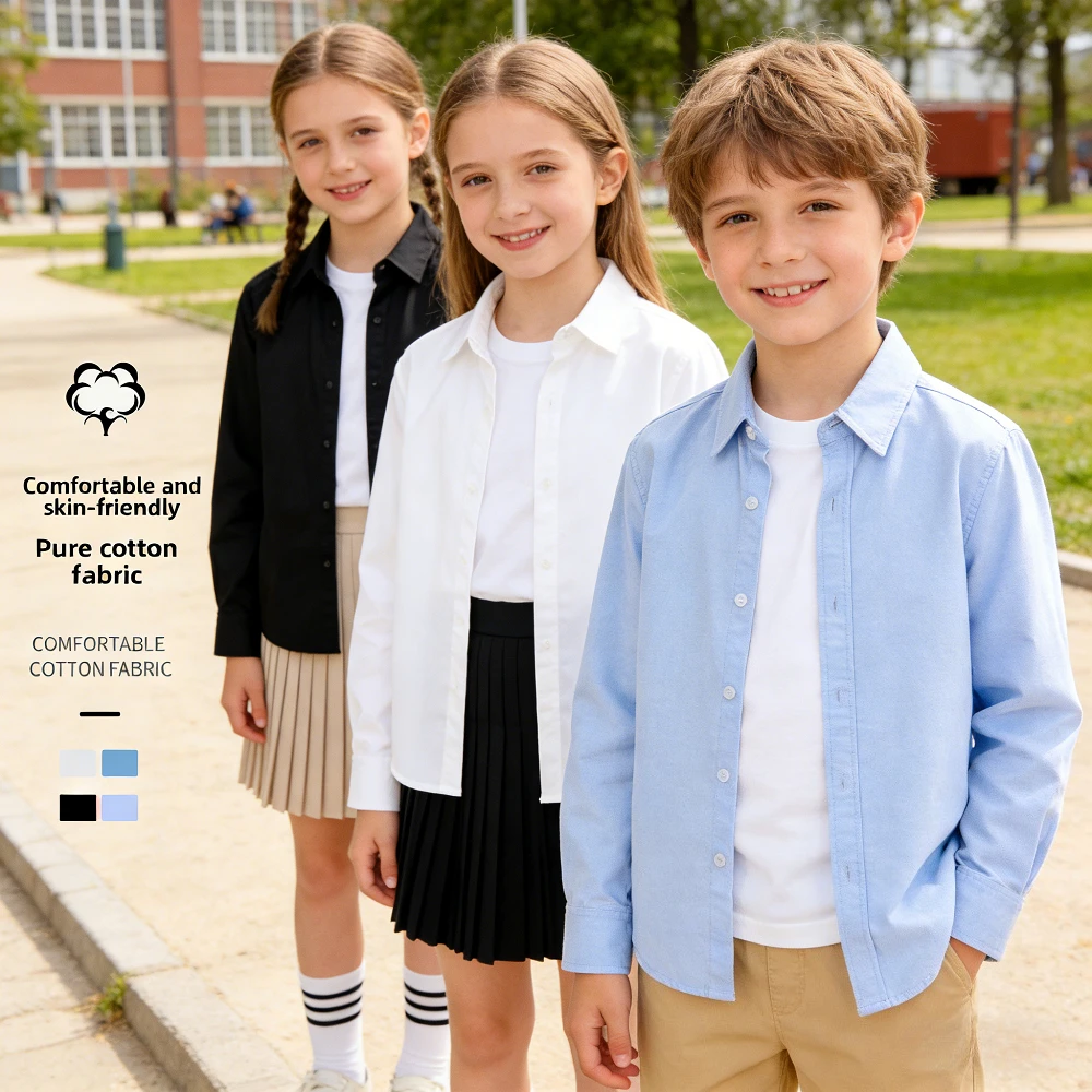 

Рубашка для мальчиков и девочек из 100% хлопка, мягкая, дышащая, с длинным рукавом, для повседневной носки, школьная форма, белая/черная/голубая