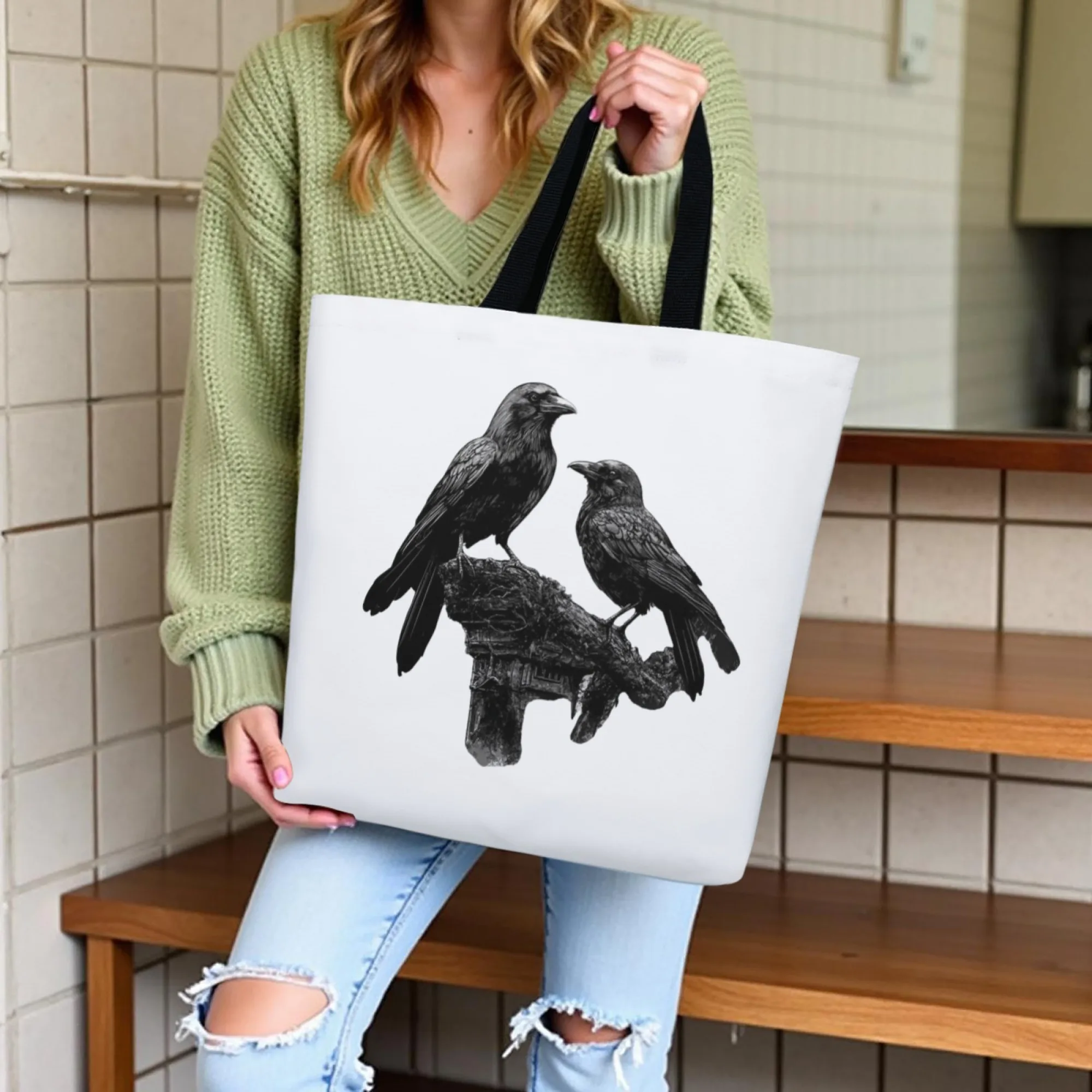 أسود الغراب القوطية المرأة قماش حمل حقيبة الظلام موضوع حقيبة تسوق قابلة لإعادة الاستخدام للنساء مثالية لمحبي القوطية عشاق غامض