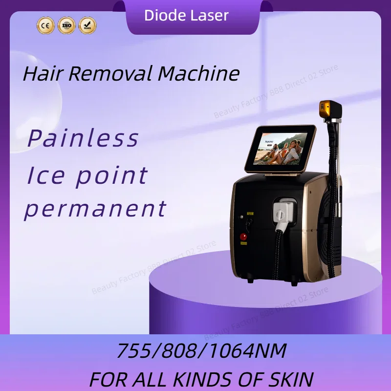 

2025 Профессиональное устройство для удаления волос с диодным лазером 808 нм, 3 длины волны 755, 808, 1064 нм и технологией ледяного охлаждения