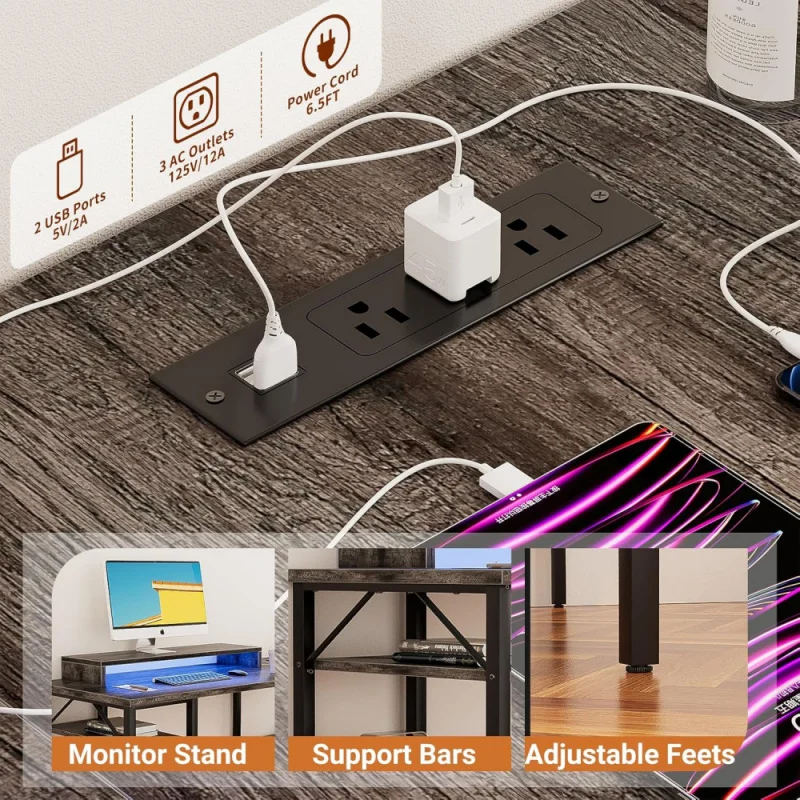 Reversible L Shaped Desk with Power Outlets and RGB LED Light, Sturdy Computer Desk with Ergonomic Monitor Stand and Storage