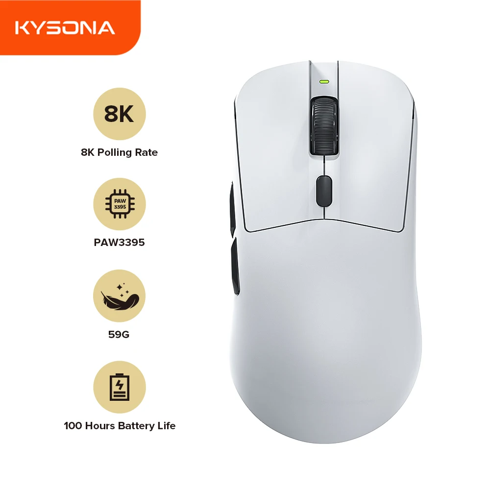 kysona m617 branco paw3395 mouse para jogos sem fio 8k taxa de pesquisa 26000dpi mouse ergonomico leve para pc gamer laptop 01