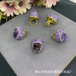 Natural Uruguay amethyst raw ore stone clay inlaid ring Douyin DC line natural stone jewelry wholesale