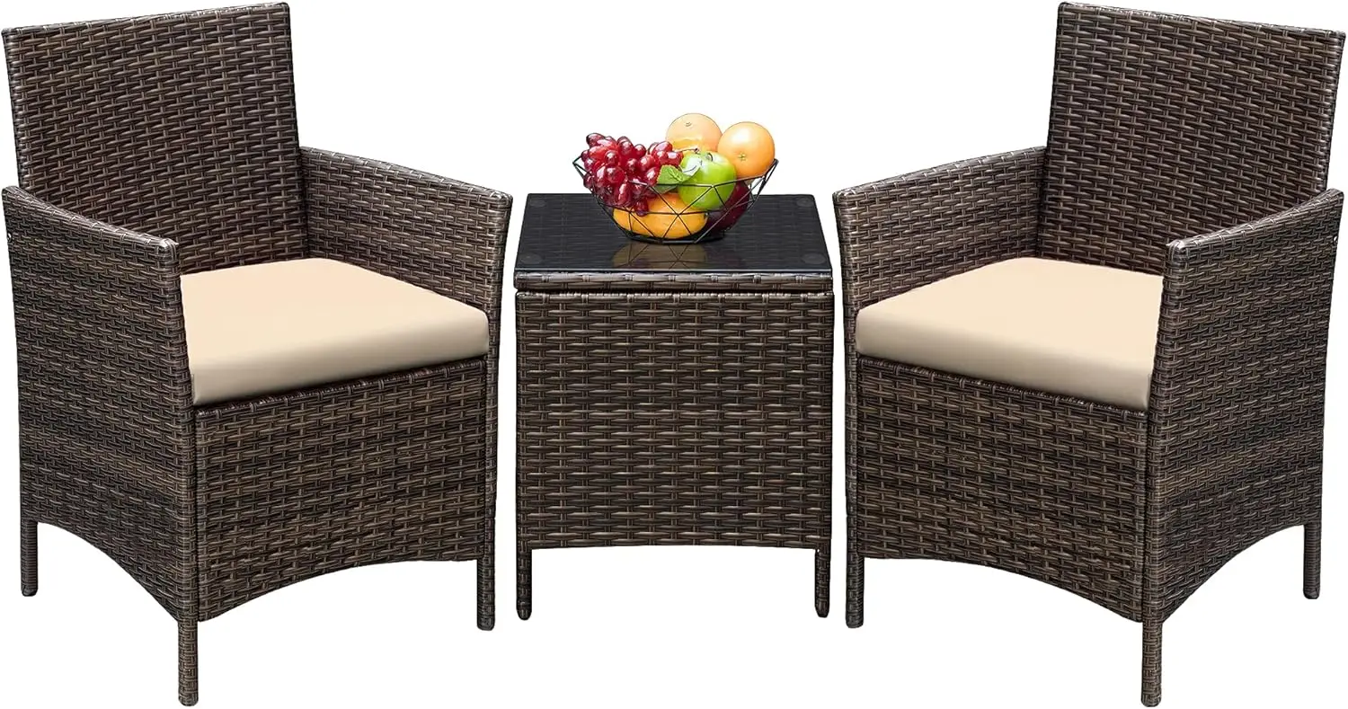 

3-Piece Outdoor Patio Furniture Set with PE Rattan Chairs, Soft Cushions, and Glass Coffee Table for Garden or Poolside