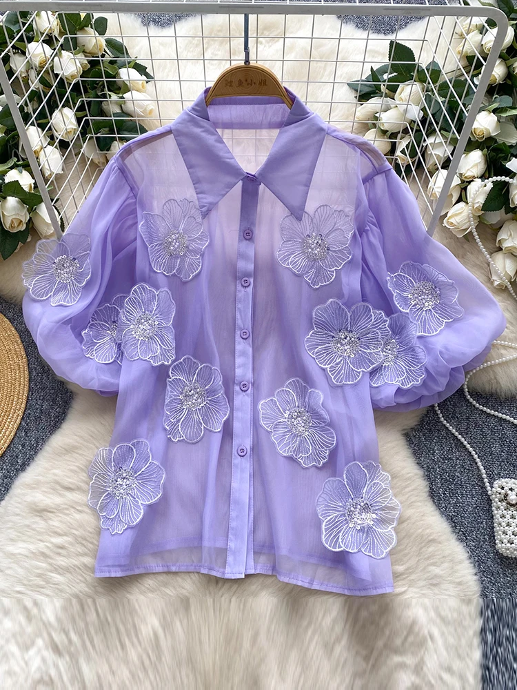 

Summer French Short Sleeved Shirt for Women New White Black Sweet Thin Nail Bead Three-dimensional Flower Blouse Top Female C161
