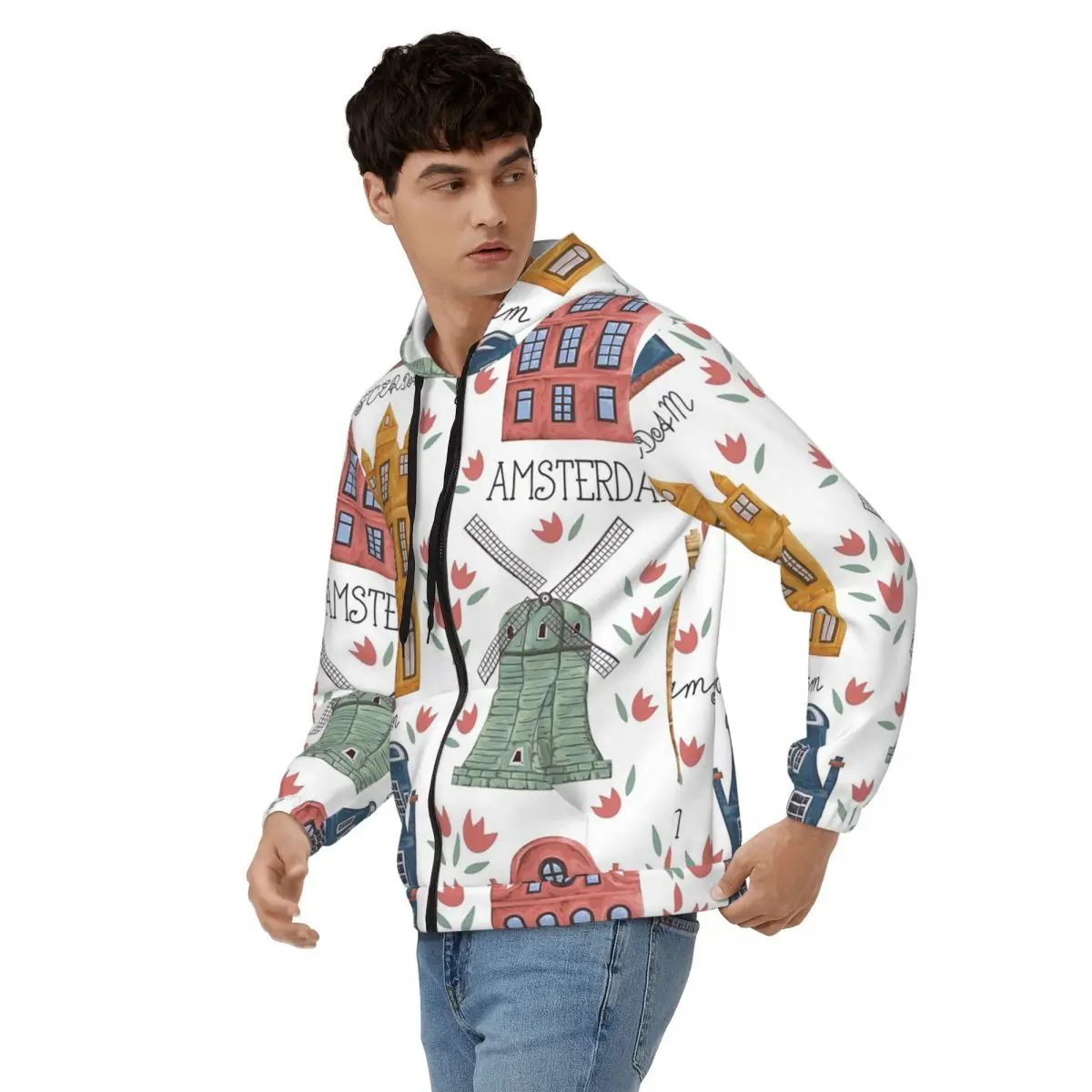 Amsterdam. Seamless Pattern With Old Historic Buildings Zipper Hoodies Autumn Winter Men Women Sweatshirts Long Sleeve Tops