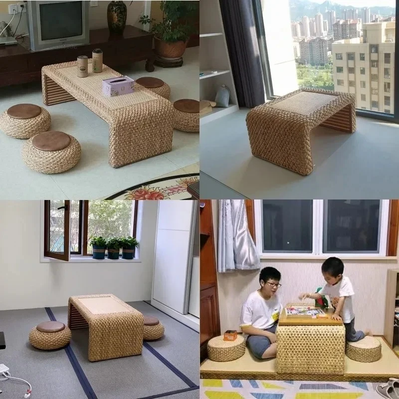 Japanese Tatami Rattan Coffee Table and Chair Set Living Room Coffee Table Balcony Leisure Coffee Table for Living Room