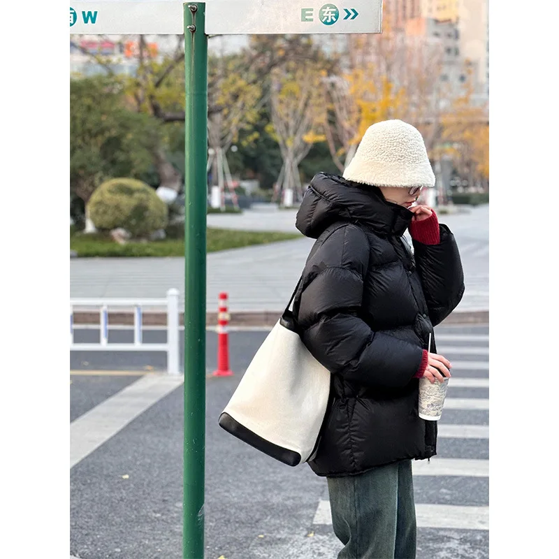 Hooded Down Jacket For Women, Medium Length, Gathered Waist, Thickened And Soft 90% White Duck Down Puffer Coat