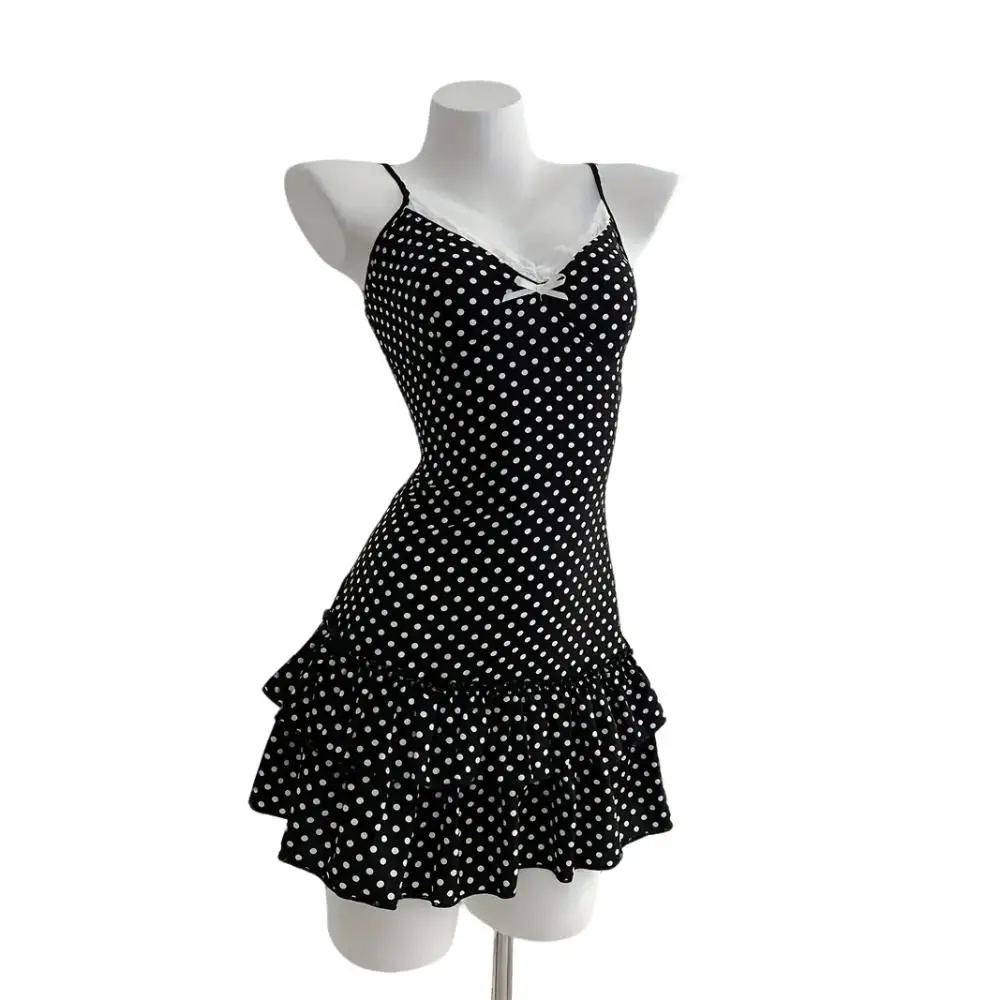 Fashion Polka Dot Camisole Dress Slim Fit V Neck Spaghetti Strap Mini Dress Elegant Lace Trim Party Dress Women
