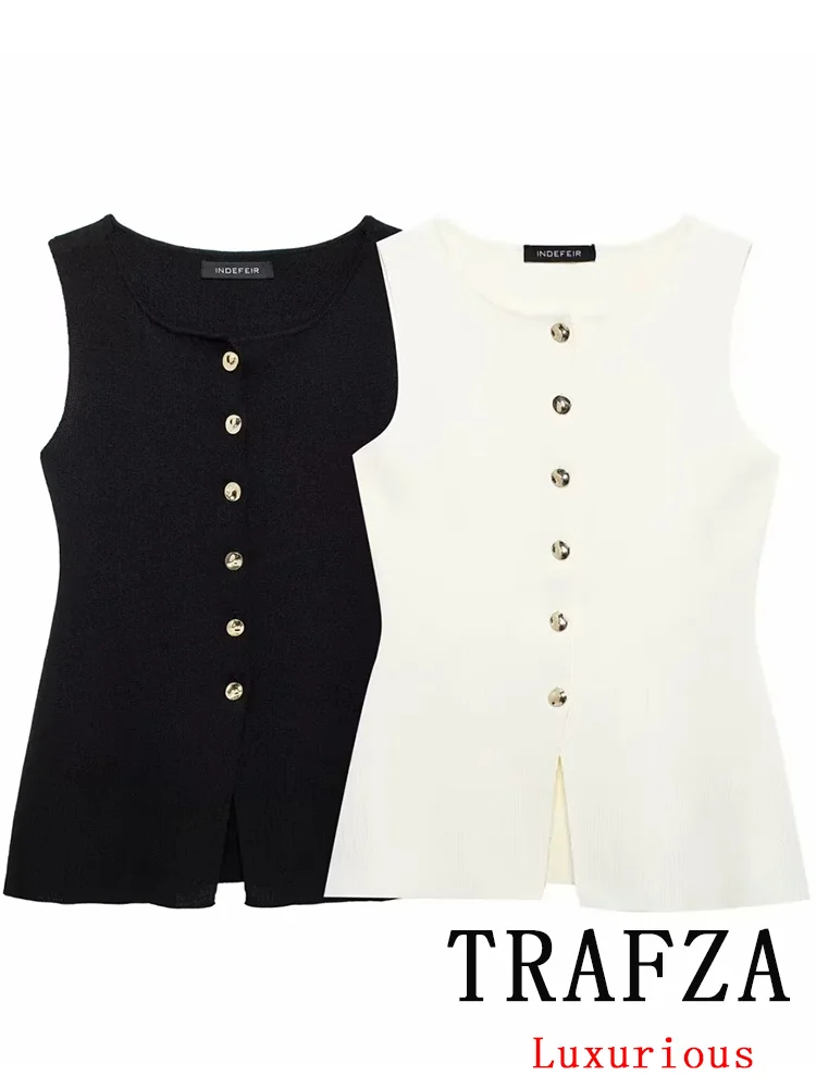 TRAFZA Vintage Casual Chic Women Vest Sweater O-Neck Sleeveless Knitted Single Breasted Fashion 2024 Autumn Winter Sweaters