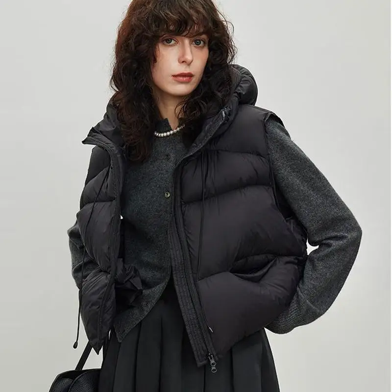 

Goose down High Quali Soft Puffy Hooded Women's Vest Autumn Winter Lightweight Warm ort Zipper Design Commute Sle