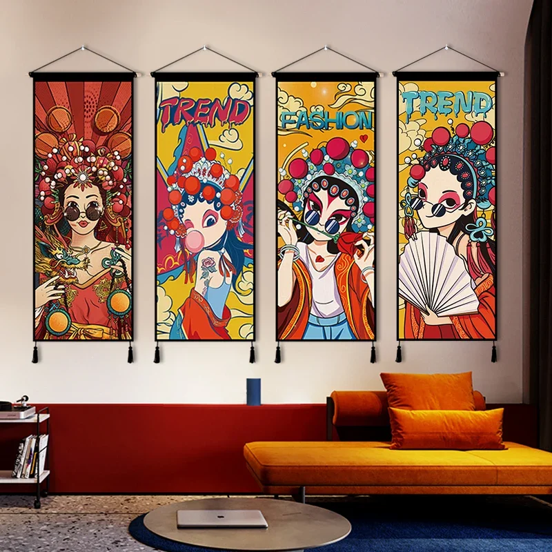 Retro Creative Peking Opera Hua Dan Decorative Hanging Cloth Animation Bedside Living Room Porch Fabric Tapestry Painting Canvas