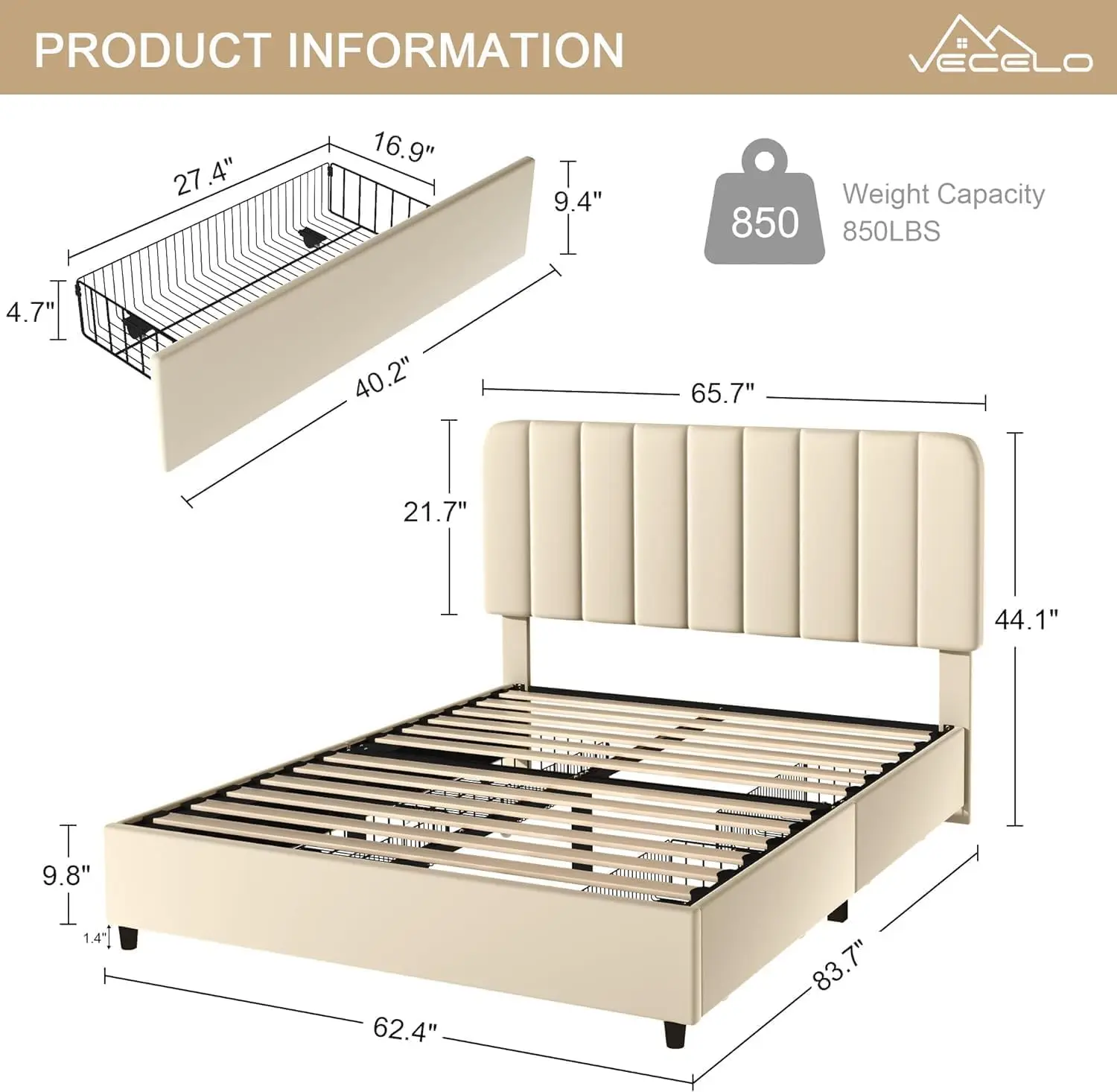 Cadre de lit en velours avec planche de sauna réglable, 4 wers de proximité, plateforme de rangement Queen Size