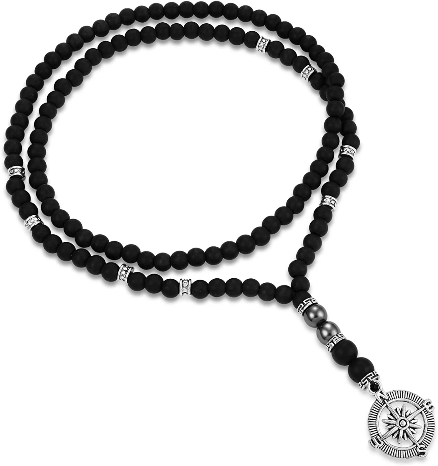 6mm Matte Black Obsidian Necklace with Compass Pendant for Men Handmade Jewelry