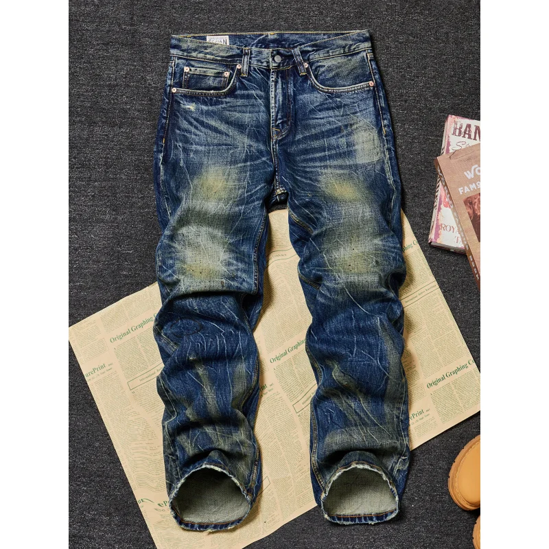 American Vintage Heavyweight Jeans Men Distressed Lightning Design Loose Straight Fit Non-Stretch Fashion Denim Trousers