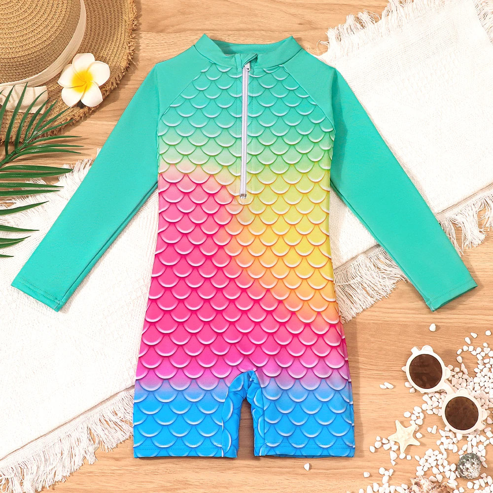 Girls Swimwear Mermaid Swimming Costume One Piece Zipper Swimsuit Kids Fish Scale Bathing Suit Summer Beach Wear Shirt