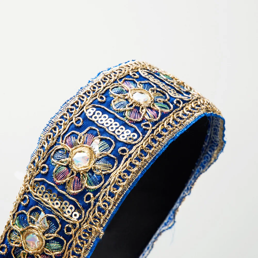 Women Vintage Floral Embroidery Padded Headband Wide Rhinestone Hair Hoop Bohemian Ethnic Hair Band Wedding Hair Accessories