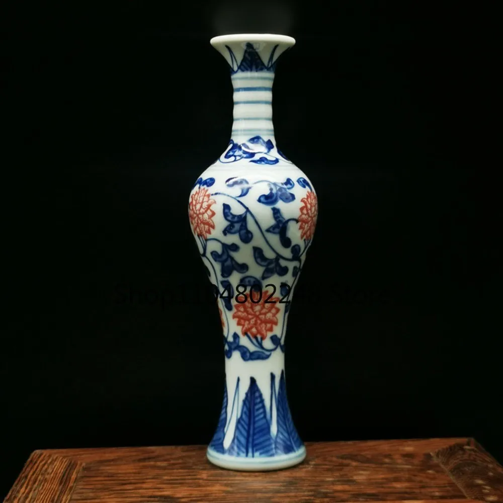Old Blue & White Underglaze Red Porcelain Painted Twining Lotus Floral Vase R589