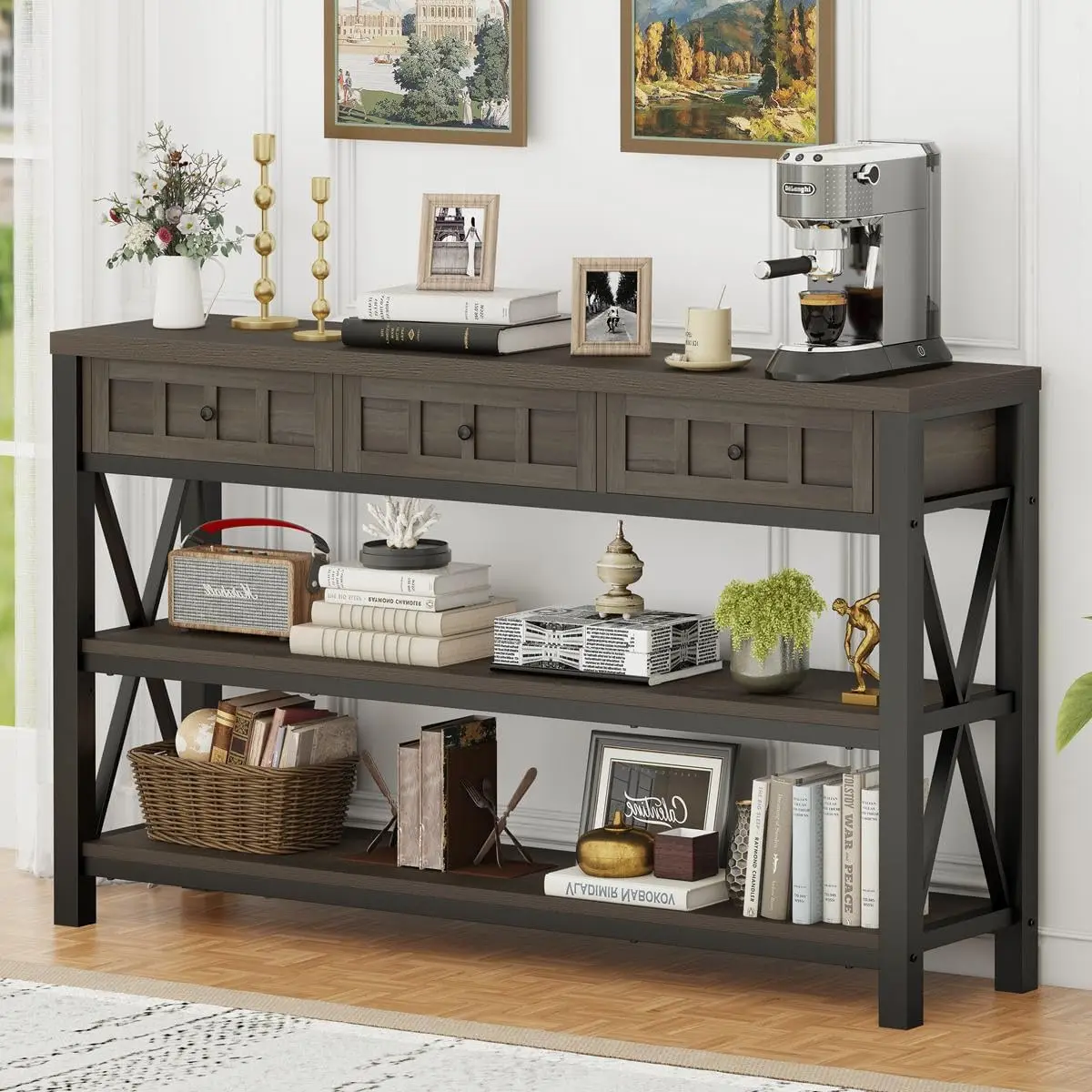 Industrial Console Table for Entryway, Rustic Sofa Table with 3 Drawers for Living Room, Farmhouse Hallway Table and Couch