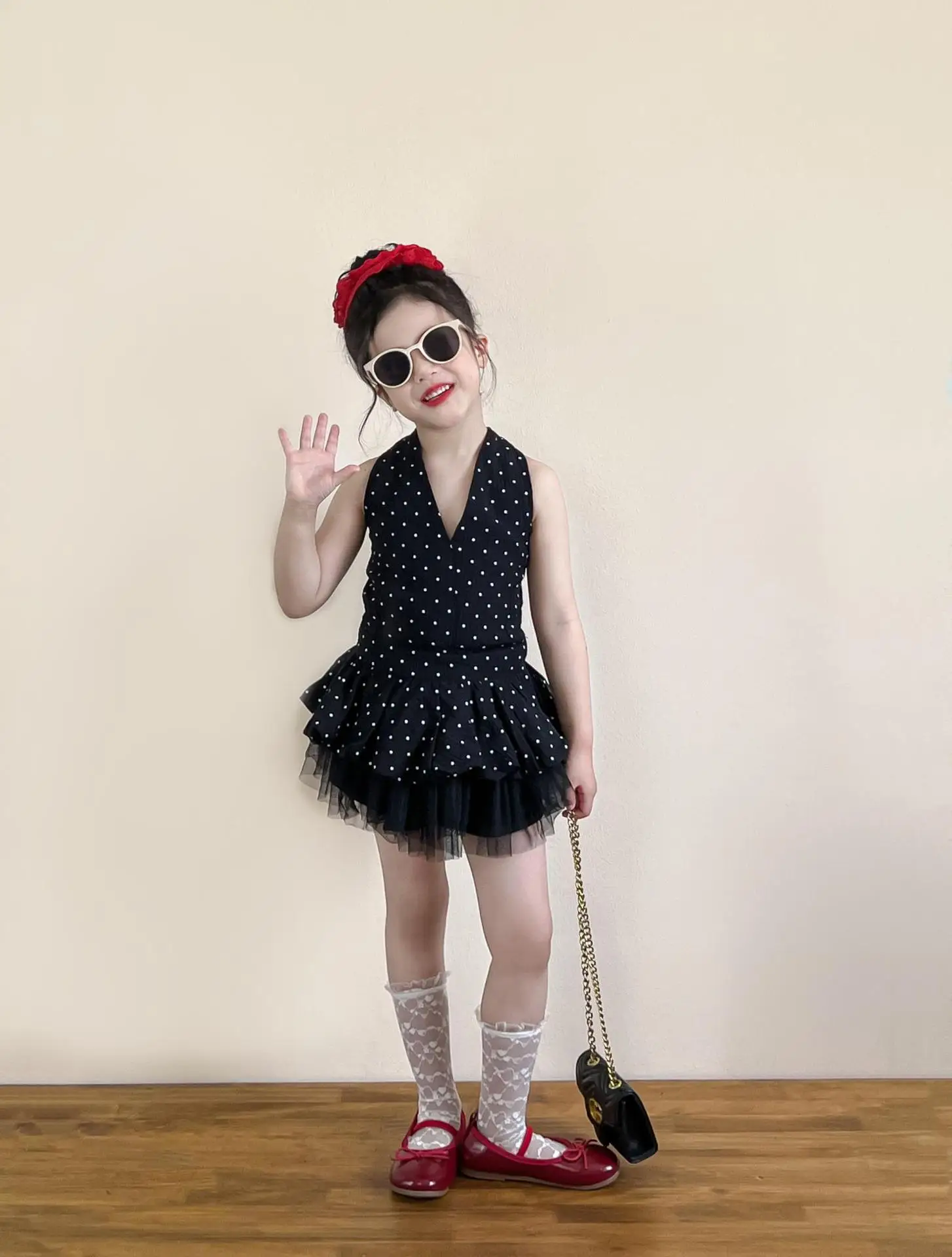 Hanging Neck Strapless Strap Polka Dot Suspender Top and Black Skirt Summer Baby Suit Girl 2 Piece Set