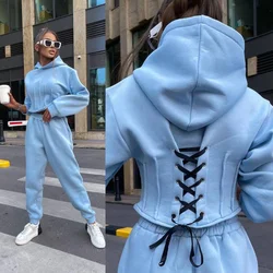 HOUZHOU Women's Tracksuit Fleece Hooded Two Piece Set Loose Hoodies Jogger Pants Sets Female Autumn Casual Lady Sportswear Suit