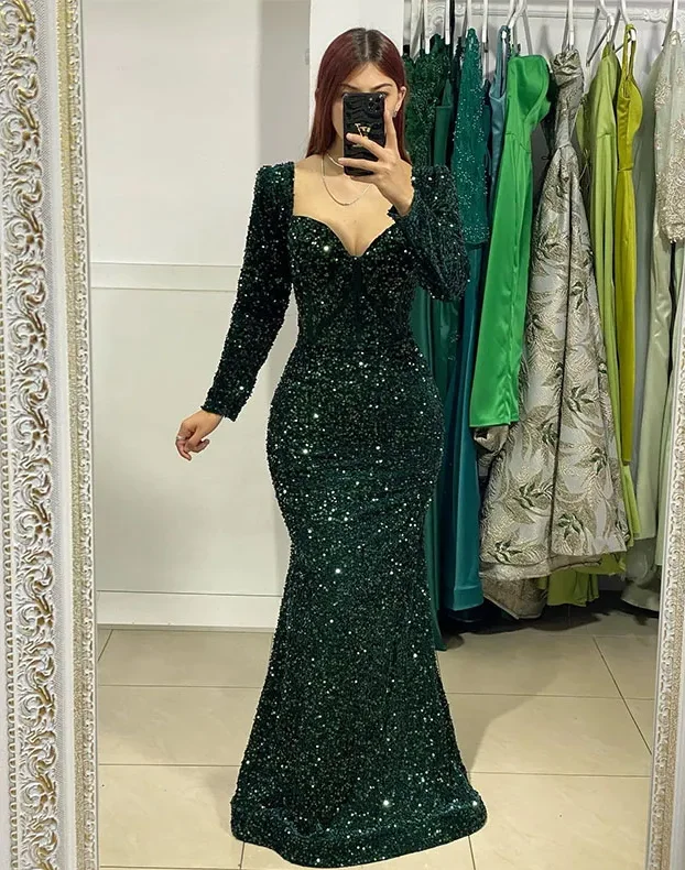 Dark Green sequins Muslim Evening Dress Elegant Long Sleeves Mermaid Dress Bone Bodice Special Occasion Formal Dresses for Women