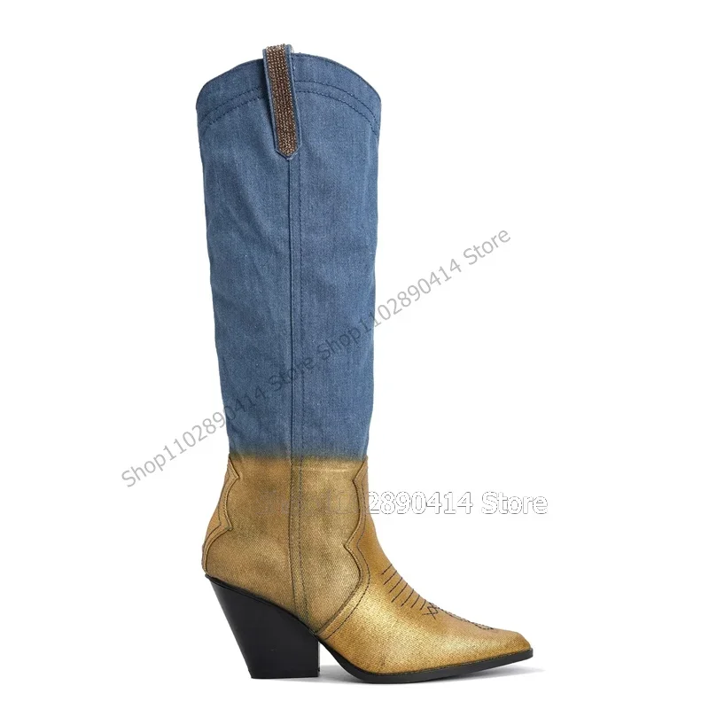 

Blue Gold Denim Sewing Design Pointed Toe Boots Slip On Women Shoes Chunky High Heels Fashion Banquet 2023 Zapatos Para Mujere