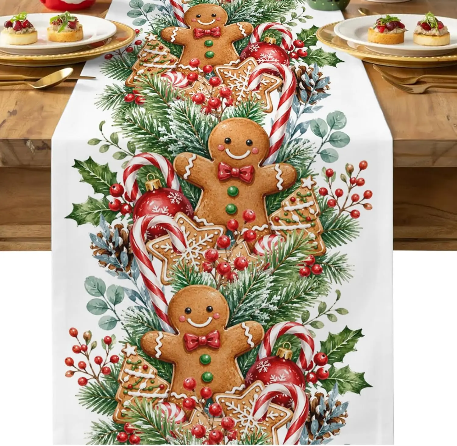 Christmas Gingerbread Pine Branches Table Runner Party Decor Reusable Winter Kitchen Dining Table Runner Christmas Decorations